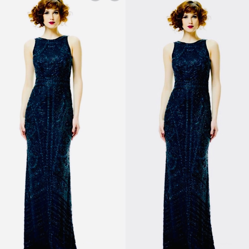 Theia sleeveless fully beaded cutaway jewel neck long gown